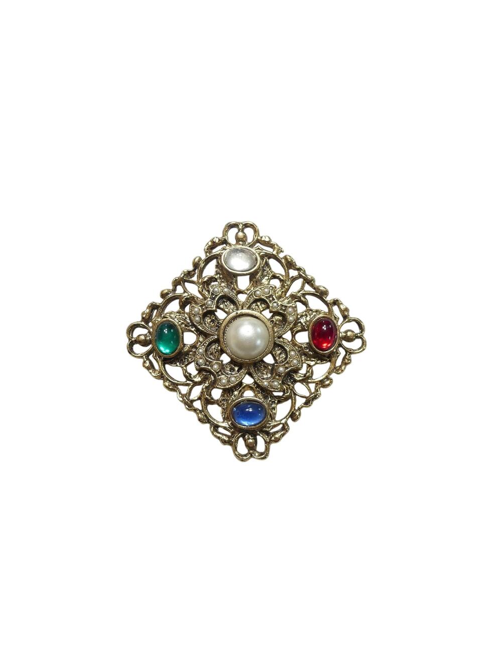 Vintage Byzantine Style Brooch in Red, Green, Blue and Pearl